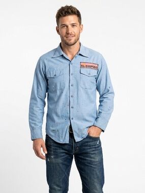 Magic Men’s Workwear Button Up Paint Splatter Shirt Blue medium